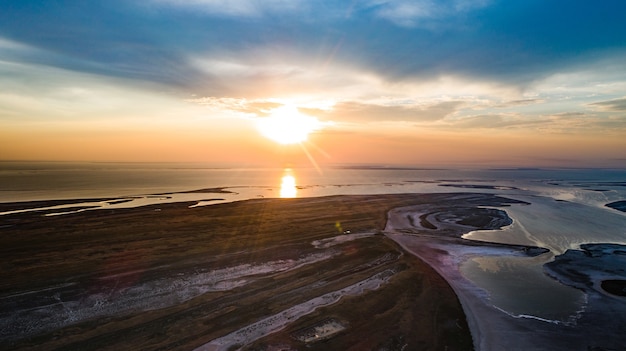 Unusual Islands on Lake Sivash, top view, drone camera