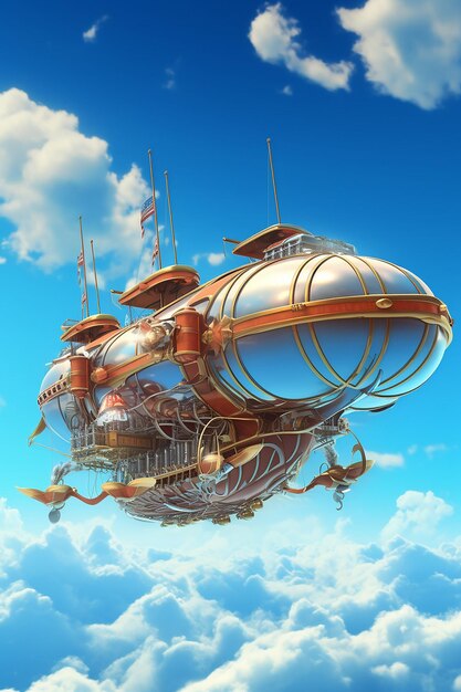 Unusual magic hot airship flies in the blue sky