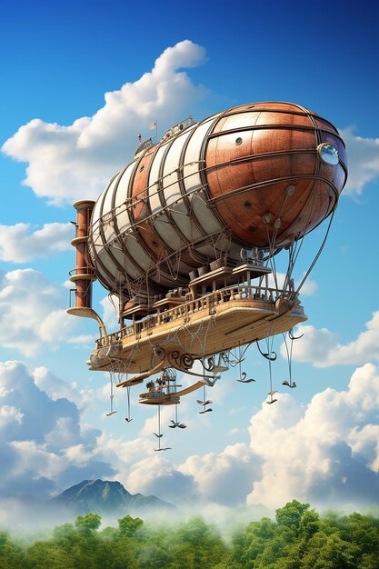 unusual magic hot airship flies in the blue sky