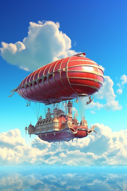 Unusual magic hot airship flies in the blue sky