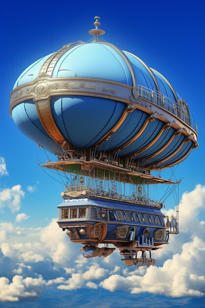 Unusual magic hot airship flies in the blue sky