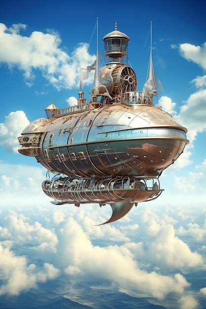 Unusual magic hot airship flies in the blue sky