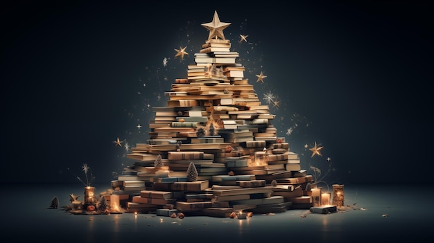 An unusual magical christmas tree made of books stands on dark background