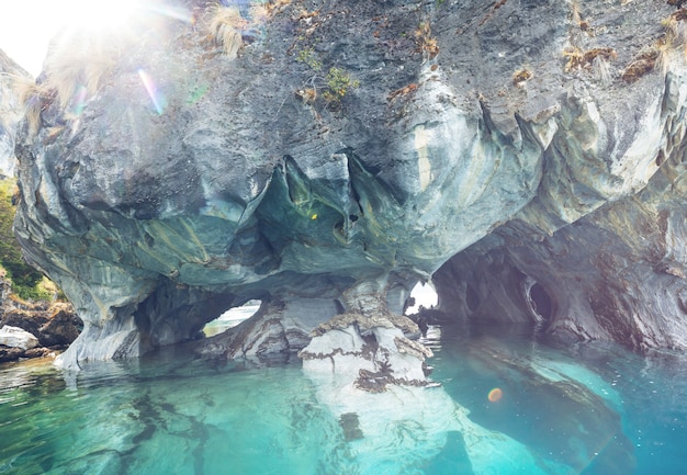 Unusual marble caves on the lake of general carrera, patagonia, chile. carretera austral trip.