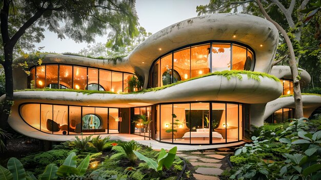 Unusual Modern Home Surrounded by Plants in Organic Forms