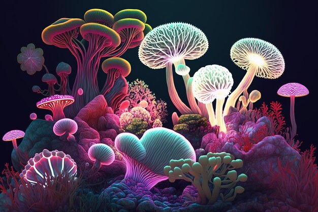 Unusual neon mushrooms on a black background Generative AI