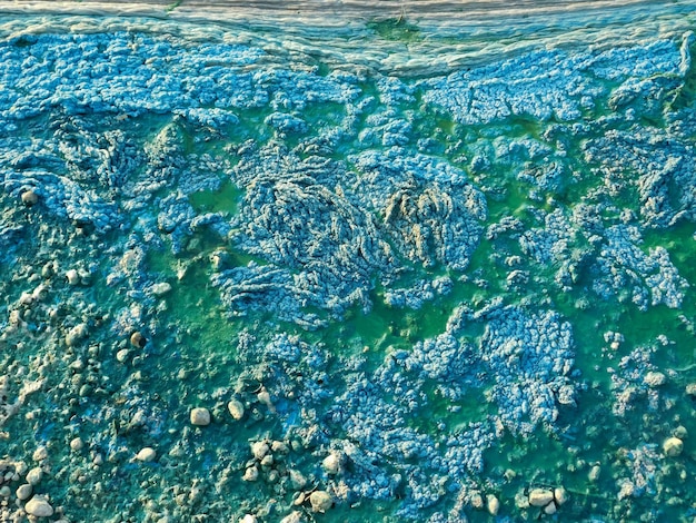 Foto insolita consistenza dell'acqua alghe blu-verdi e schiuma sulla superficie dell'acqua sfondo astratto