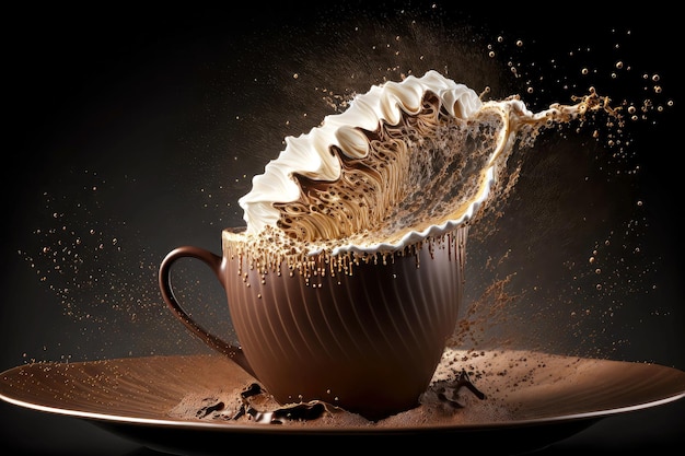 Unusual wave of hot cocoa with chocolate splash created with generative ai