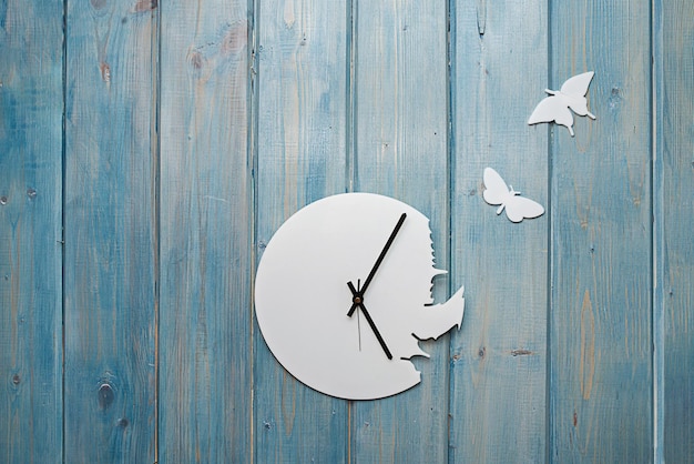 Фото Необычные белые часы с черными стрелками без цифр на синей деревянной стене с летающими бабочками