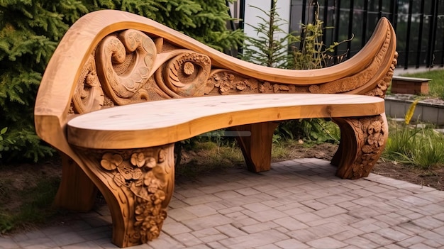 an unusual wooden bench surrounded by plants in the style of engraved ornaments