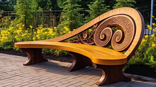 an unusual wooden bench surrounded by plants in the style of engraved ornaments