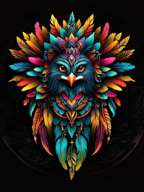 Unveil the Majesty Tribal Tattoo Logo Design with Vivid Feathers and Neon Mandala Patterns