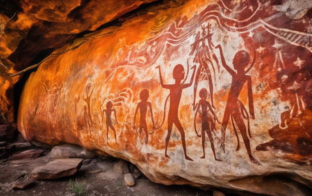 Photo unveiling ancient aboriginal rock art. generative ai