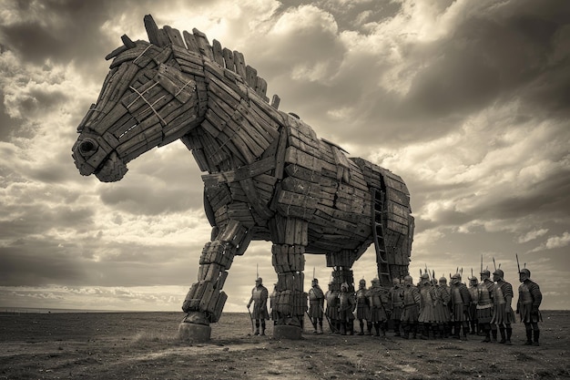 Photo unveiling deception the legend of the trojan horse a symbol of cunning strategy and ancient warfare an iconic tale of infiltration betrayal and surprise in greek mythology and history