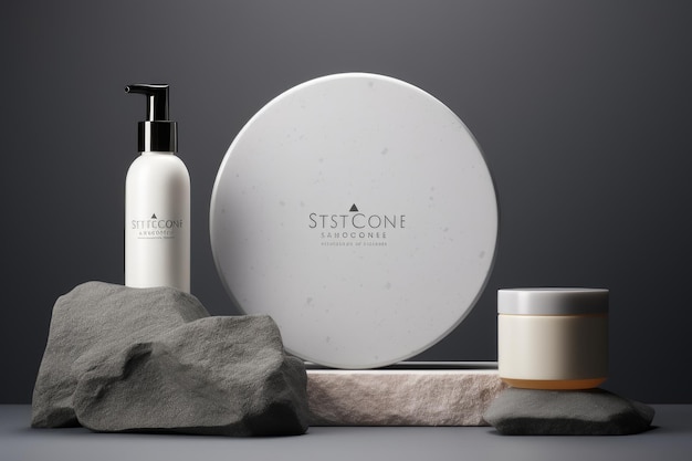 Unveiling Elegance Exquisite White Stone Cosmetics Mockup on a Stand and Podium