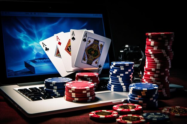 Foto svelando l'intrigante mondo dei chip dei casinò online, delle carte e delle manette sul portatile