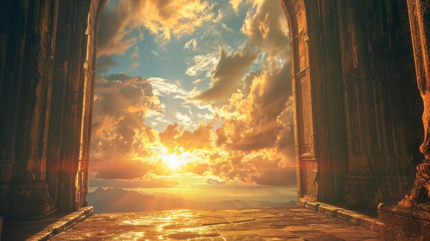 Foto svelando la majestic serenity colossal angelic heavenly gates abbraccia il glorioso vuoto a sunse