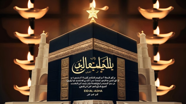 Photo unveiling the symbols of eid al adha star and crescent kaaba and oil lamps mockup template