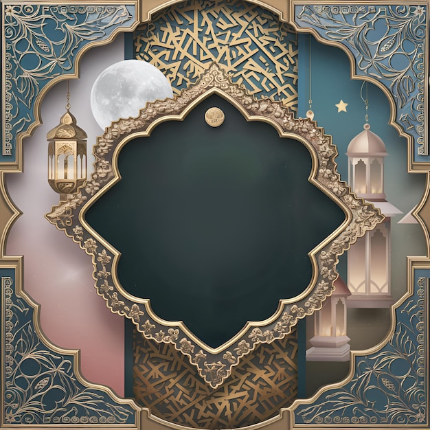 unveiling the symbols of islamic star and crescent kaaba and oil lamps mockup template
