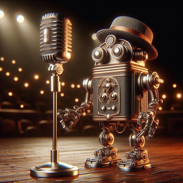 Foto la presentazione di un vecchio robot microfono in forma digitale