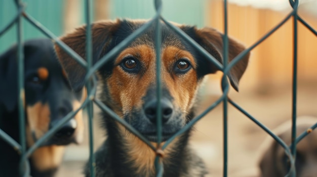 Unwanted and homeless dogs of different breeds in animal shelter