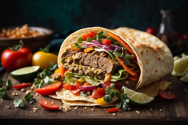 Unwrapped tortilla with meat and vegetables