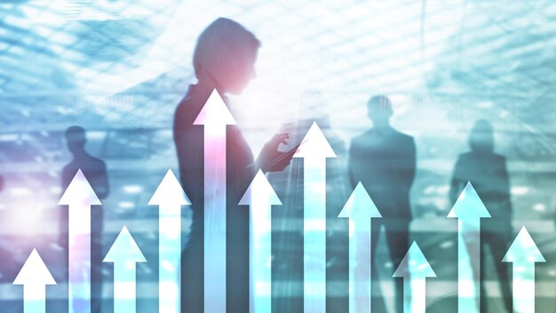 Up arrow graph on skyscraper background Invesment and financial growth concept