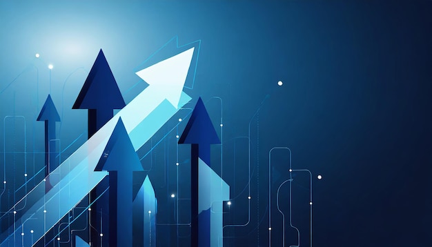 Photo up arrows on deep blue background space with one big arrow business growth development
