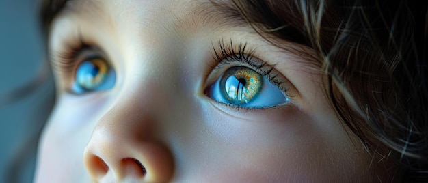 Foto up of a childs face eyes wide with curiosity and innocence