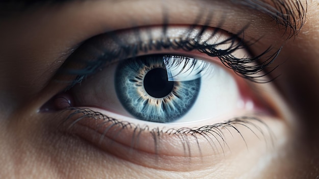 灰色の女性の点滅する青い虹彩の目 視覚と人間の知覚の概念