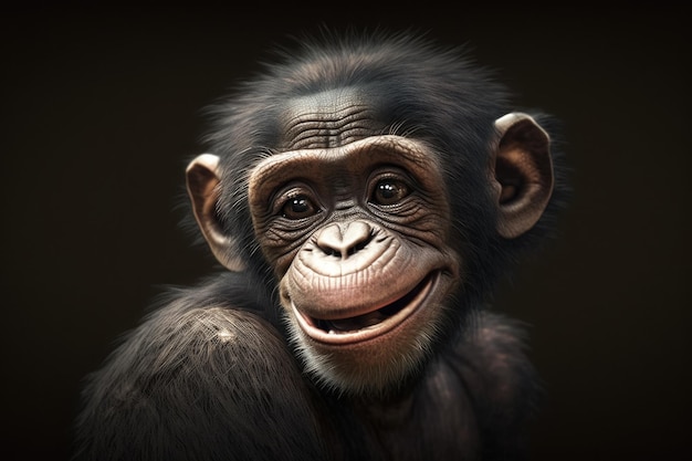 An up close image of a young chimpanzee with a funny grin and space for text