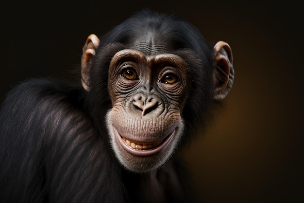 An up close image of a young chimpanzee with a funny smile and space for text