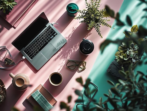 ノートパソコン ⁇ コーヒーカップ ⁇ 青いテーブルの上にあるポットツリーが ⁇ オフィス ⁇ ジェネレーティブAIとして機能します ⁇ 