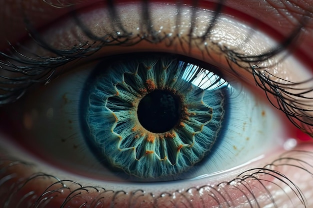 青と灰色の色彩でオコの目を近づける 瞳孔と眉毛の詳細なマクロショット