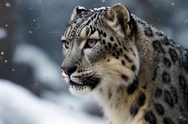 Up close and personal with snow leopard Panthera uncia in wilderness Fierce and serious gaze as pred
