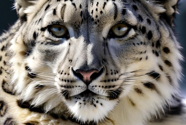 Up close and personal with snow leopard Panthera uncia in wilderness Fierce and serious gaze as pred