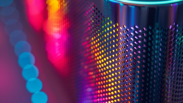 Up close view of a futuristic wireless speaker emitting vibrant sound waves through its metallic