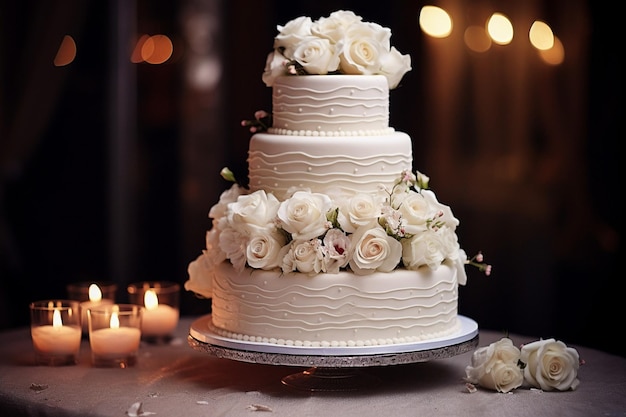 Up close of the wedding cake with pink flowers high quality