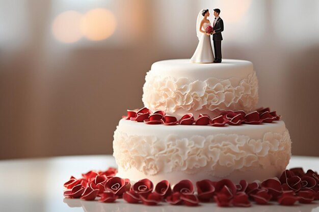 Photo up close of the wedding cake with pink flowers high quality