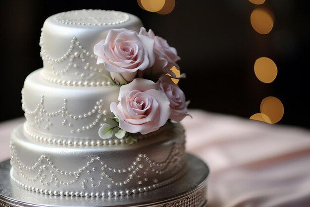 Foto vicino alla torta nuziale con fiori rosa di alta qualità