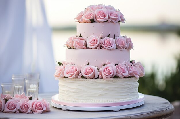 Foto vicino alla torta nuziale con fiori rosa di alta qualità