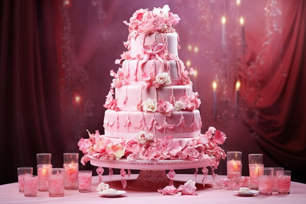 Photo up close of the wedding cake with pink flowers high quality