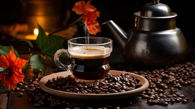 오래된 나무 배경에 연기와 커피콩을 넣은 커피 모카 포트와 커피 컵