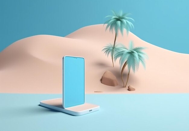 Up phone holiday sea creative cyber sand concept palm mock summer Generative AI