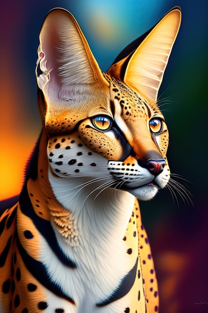 Up portrait of a beautiful serval dangerous predator in natural habitat digital artwork