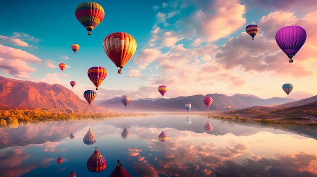 Up Up and Away Majestic Balloons Soar Over Serene Lake and Towering Mountains with GenerativeAI