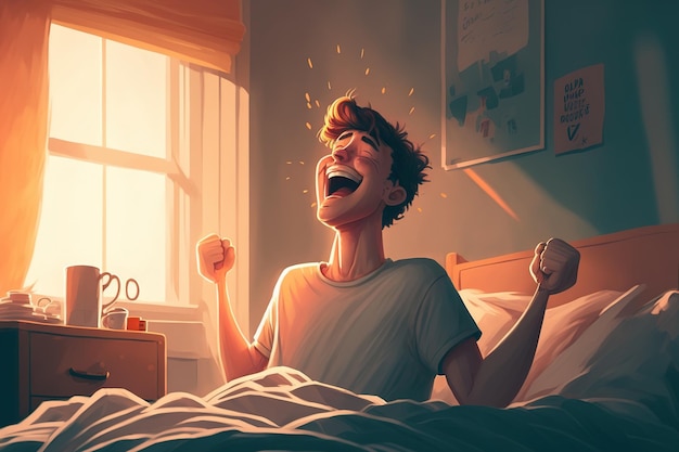 An upbeat guy stretched in bed after waking up Happy morning