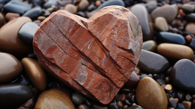 완벽하게 대칭적인 심장 모양의 바위의 근접 사진. 그 가장자리는 여전히 거칠고 니 모양의 가장자리입니다.