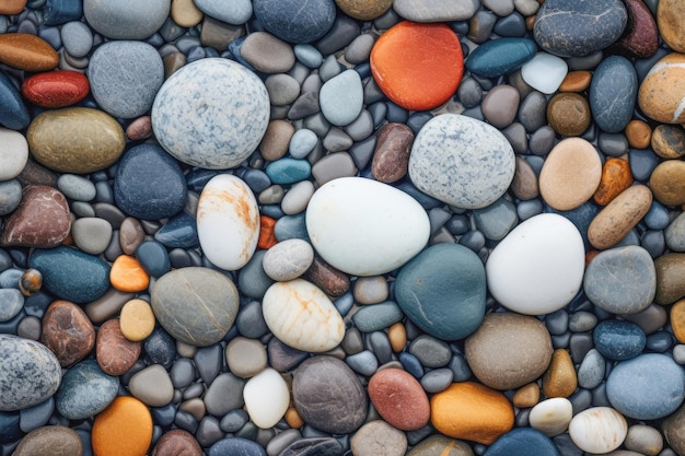 砂浜の灰色の小石のコレクションに近づいてその滑らかで丸い質感を明らかにし野外で魅力的で抽象的なパターンを形成します