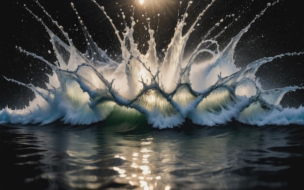 Foto guarda da vicino uno spruzzo d'acqua in azione che mostra l'affascinante danza di luci e ombre